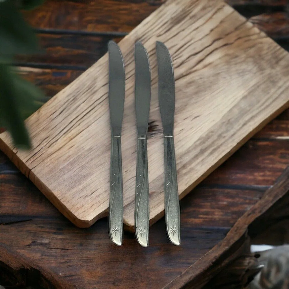 Vintage Stainless Steel Starburst Atomic North Star Dinner Knives Set of 3 MCM